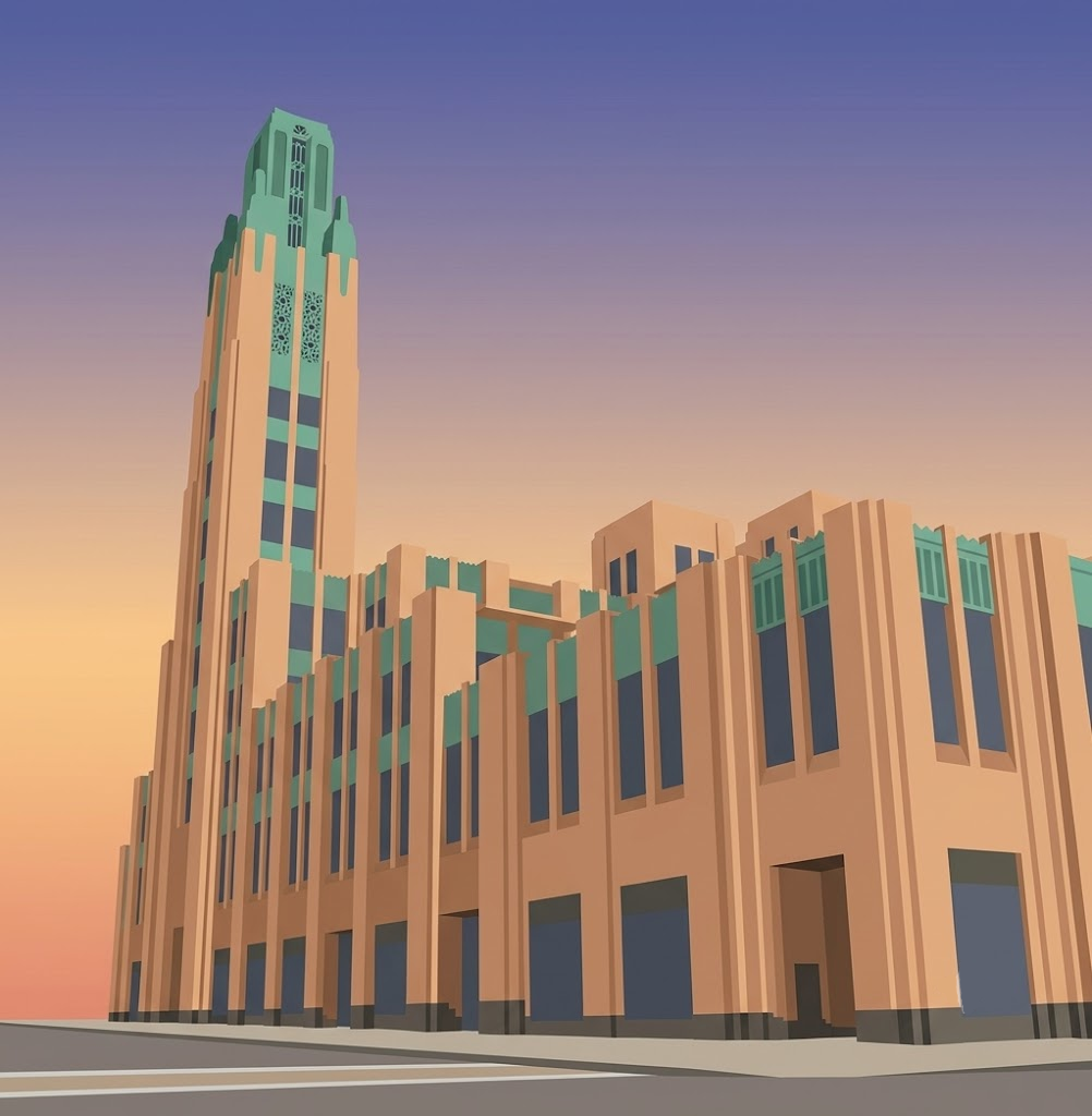 Minimalist illustration of the Bullocks Wilshire Art Deco tower at sunset